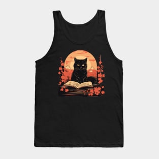 Japanese Floral Black Cat And Book Catshirt Tank Top